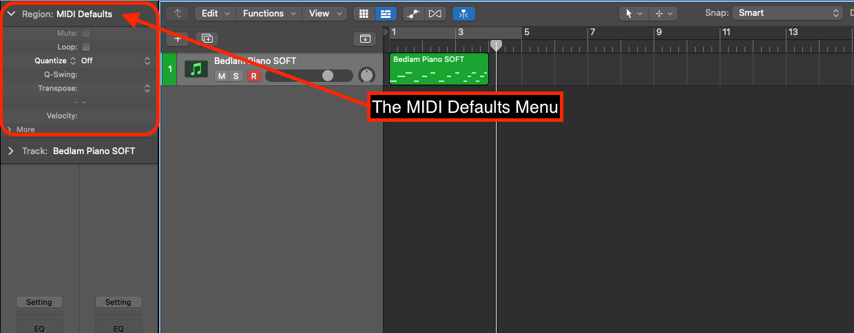 Logic Pro arrange window with the MIDI Defaults menu and its Quantize setting highlighted