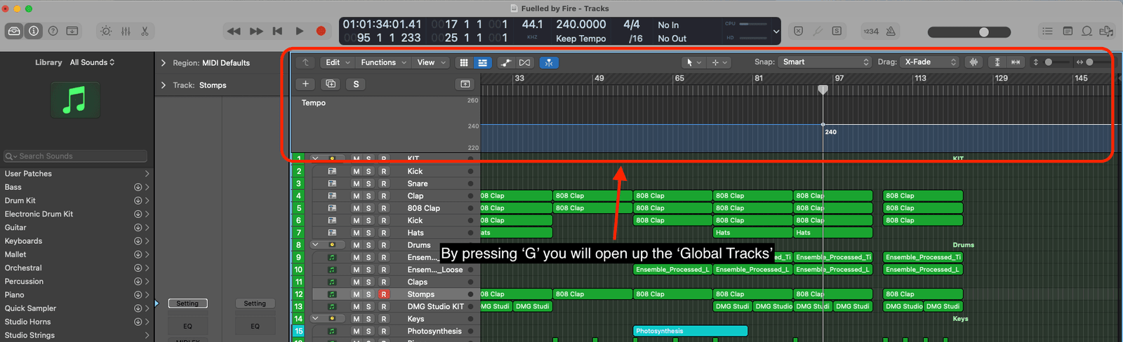 Logic Pro session with the Global Tracks tempo lane open