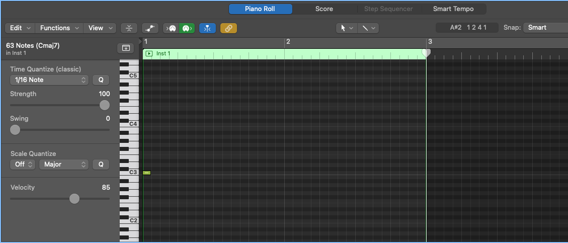 Logic Pro piano roll with only the first C3 note left after the other notes were deleted