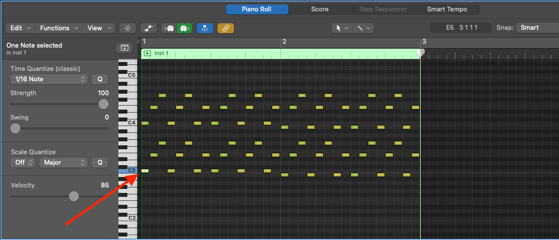 Logic Pro piano roll with the first C3 note of an arpeggio pattern selected