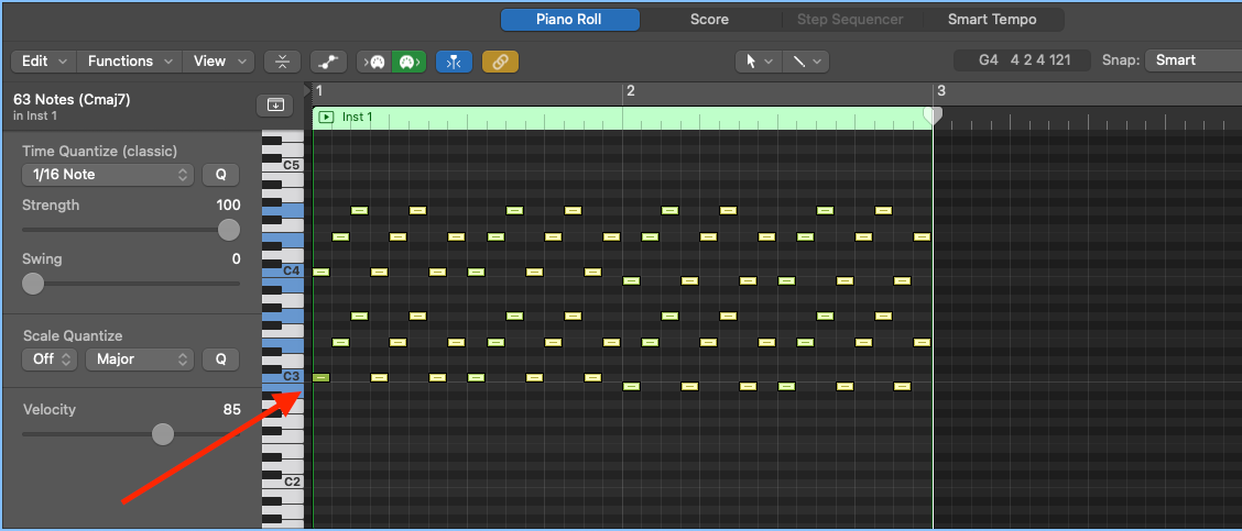 Logic Pro piano roll with every note except the first C3 selected after pressing Shift+I