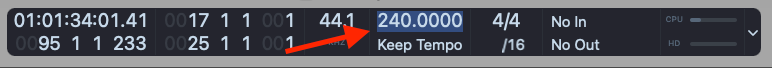 Logic Pro display with the 240 BPM tempo value highlighted