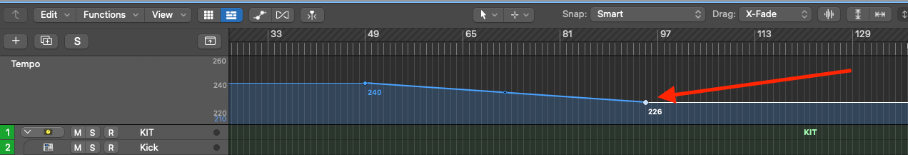 Logic Pro tempo track showing a gradual slow-down from 240 to 226 BPM