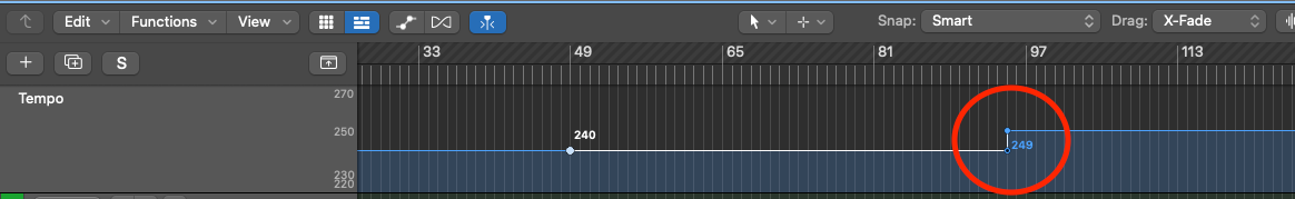 Logic Pro tempo track with the second edit point raised from 240 to 249 BPM