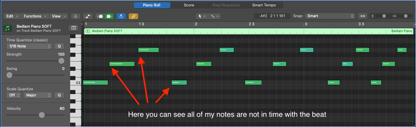 Logic Pro piano roll with recorded piano notes played slightly out of time with the beat