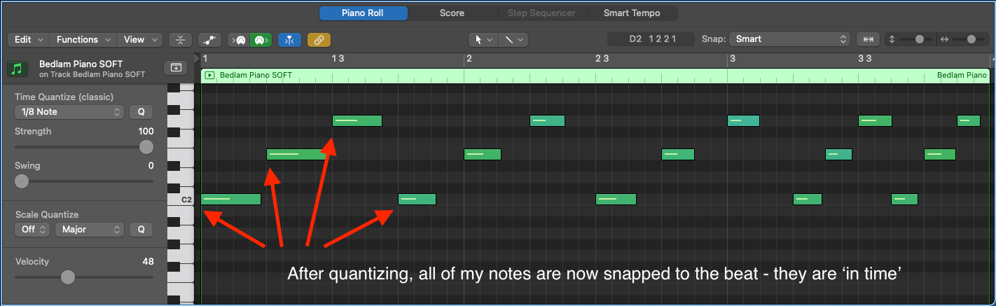 Logic Pro piano roll with the same piano notes snapped to the beat after quantizing