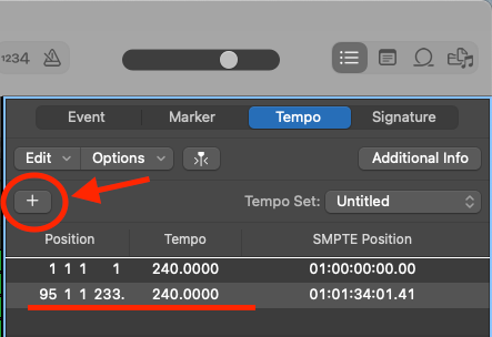 Logic Pro tempo list with the plus button circled and a new tempo added at the playhead