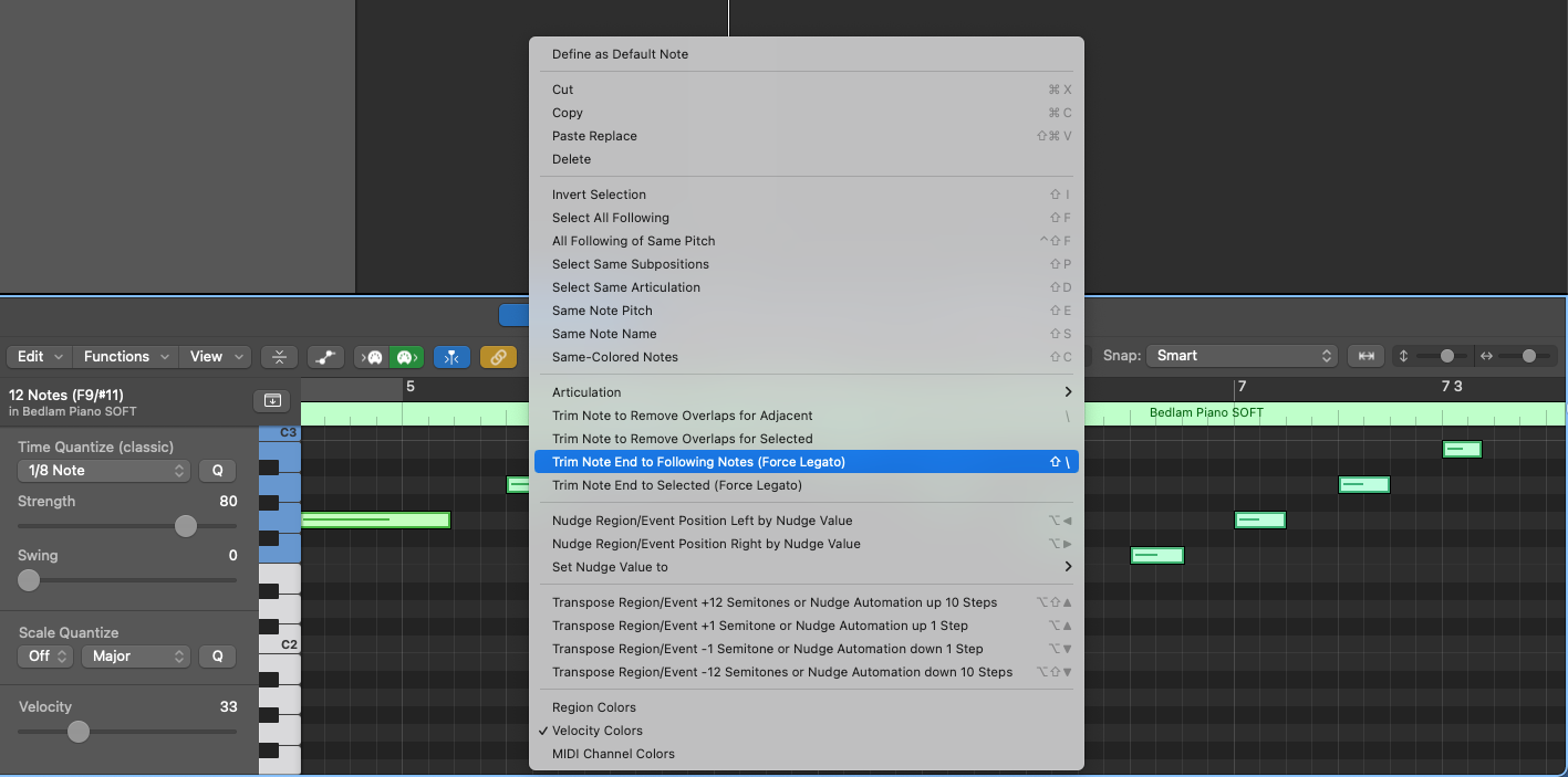Logic Pro piano roll right-click menu with Trim Note End to Following Notes (Force Legato) highlighted