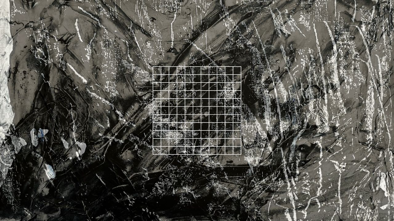 White grid over grey and black abstract painted artwork