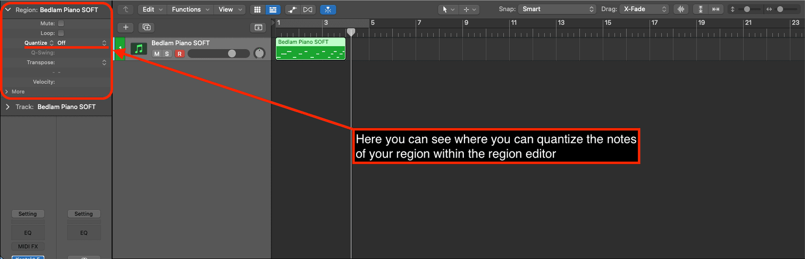 Logic Pro region inspector with the Quantize setting highlighted for a piano region