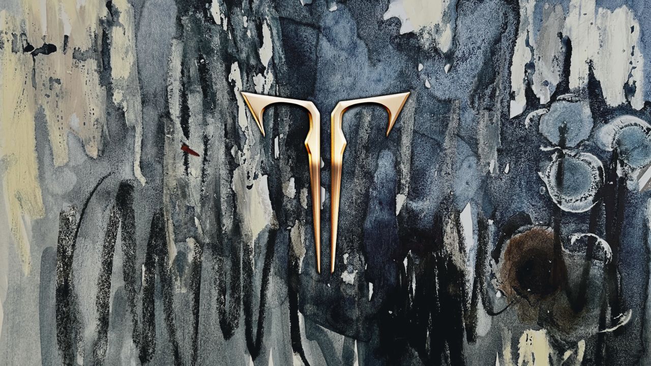 Gold Lost Ark logo on a blue-grey abstract watercolour background
