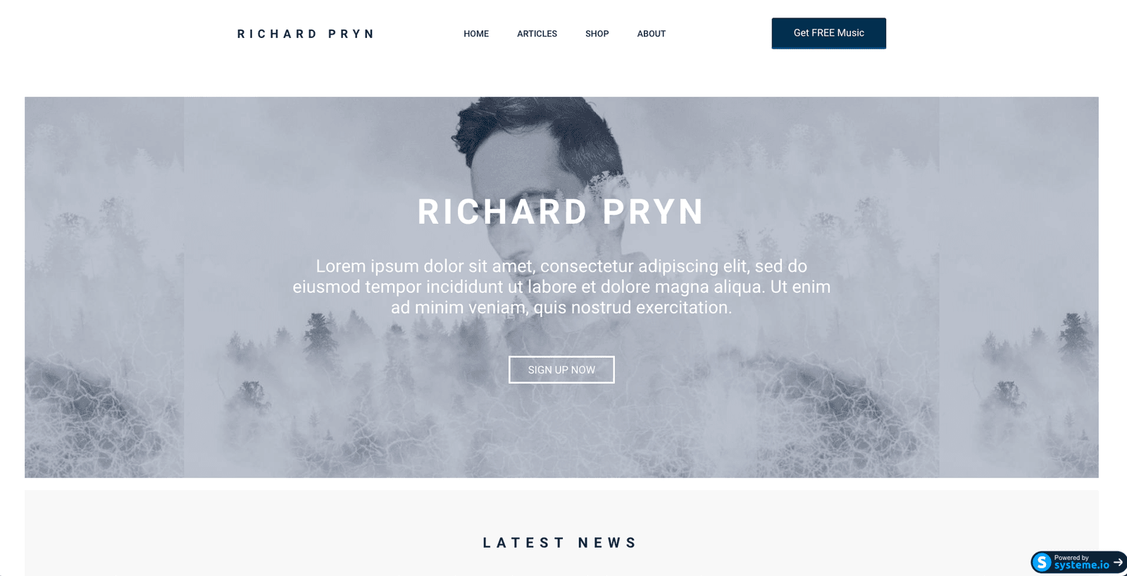 Draft Richard Pryn music website on systeme.io with a misty forest header image