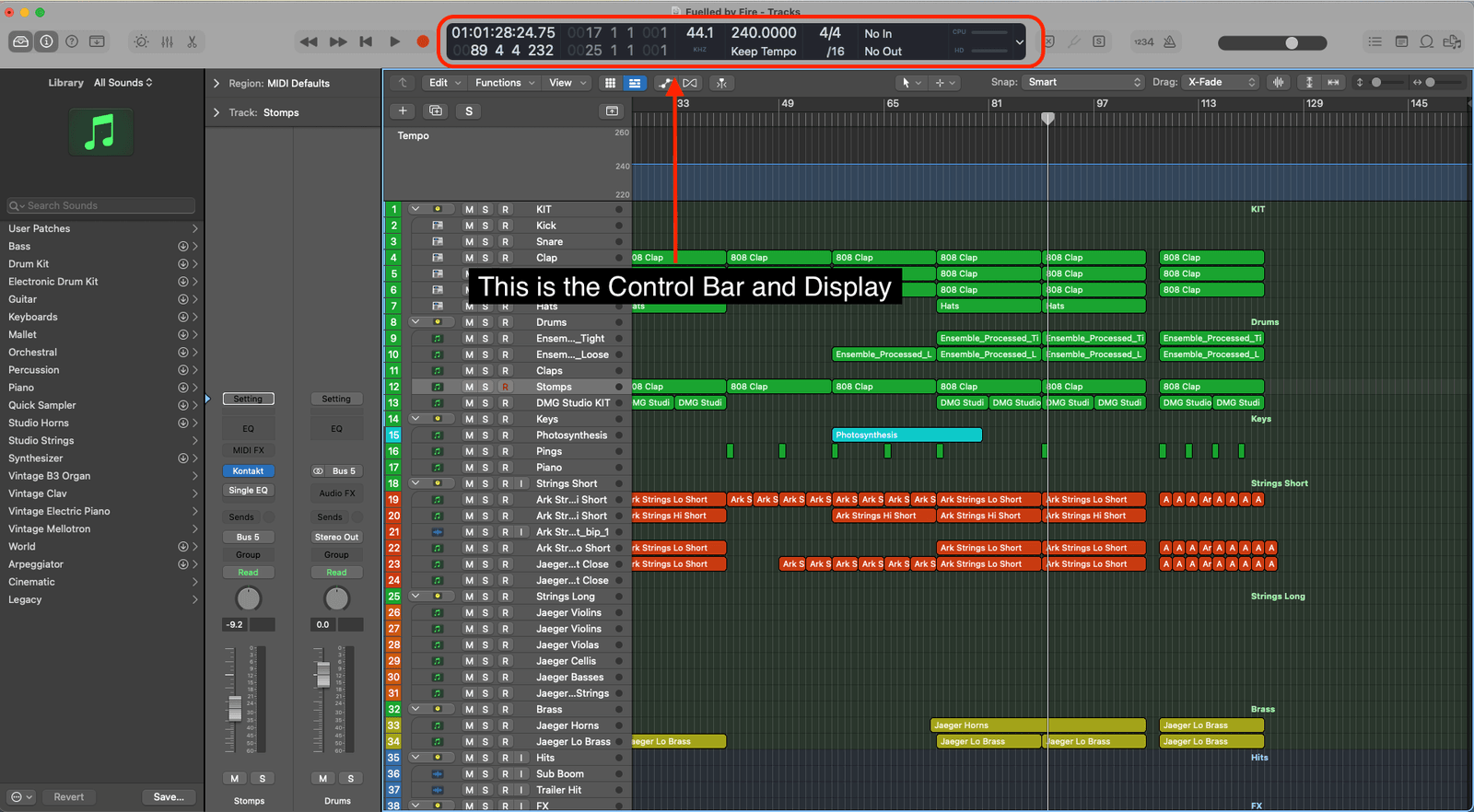 Logic Pro session with the Control Bar and Display highlighted at the top