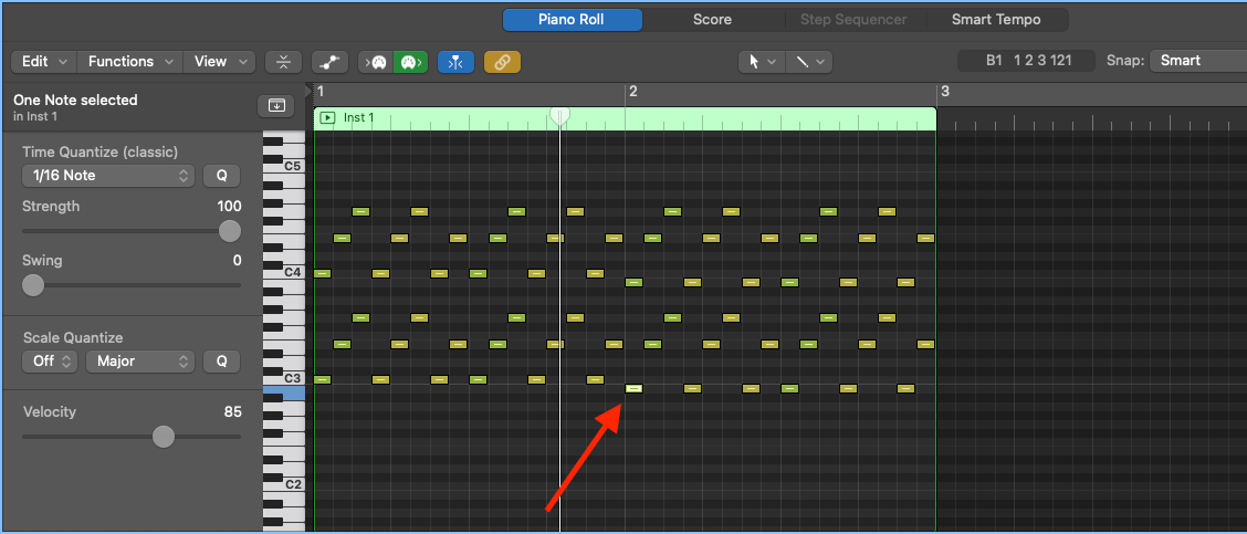 Logic Pro piano roll with the first note of a new arpeggio section selected