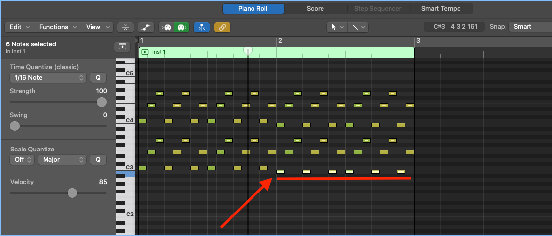 Logic Pro piano roll with all following notes of the same pitch selected using Shift+Ctrl+F