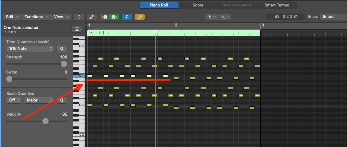 Logic Pro piano roll with all notes of the same pitch selected using Shift+E