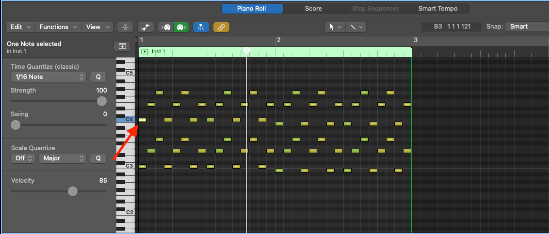Logic Pro piano roll with a single C4 note selected in an arpeggio pattern
