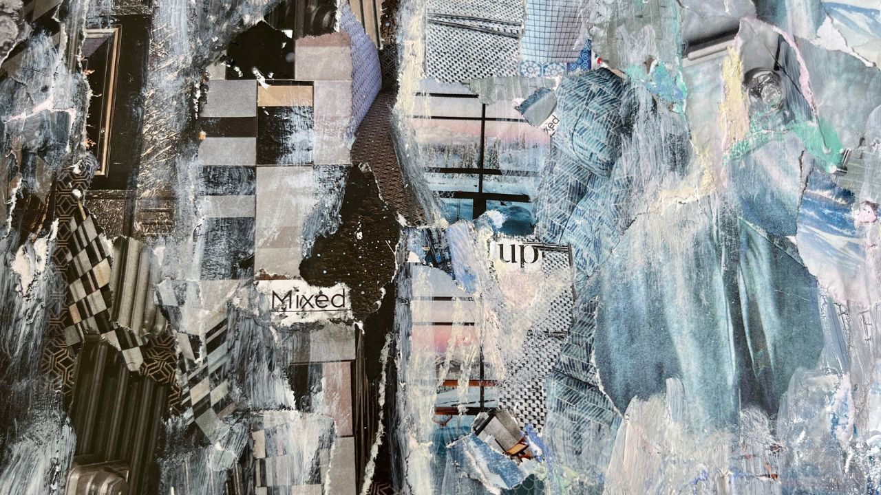Abstract mixed-media collage in blues and greys with torn paper and the word Mixed