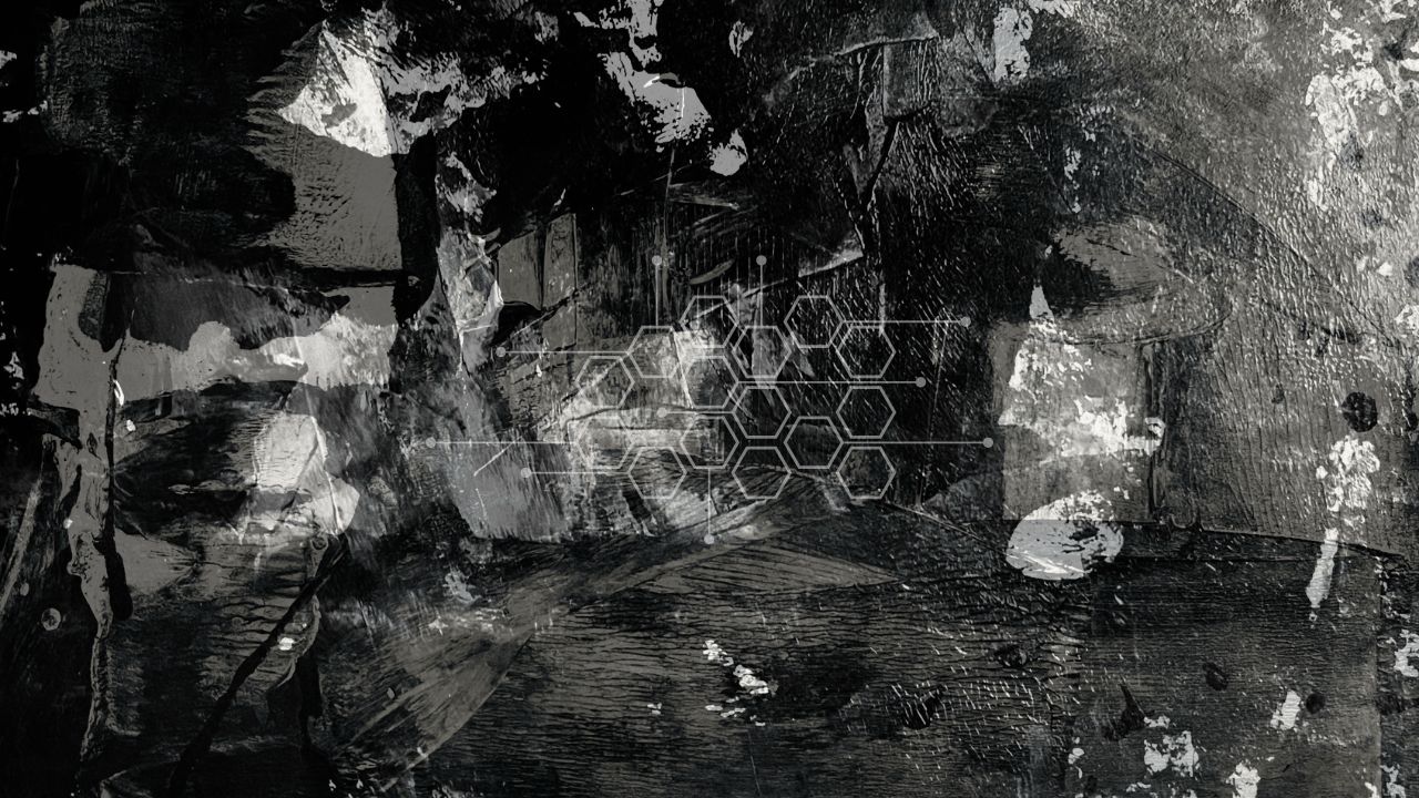 Network of linked hexagons over black and grey abstract painted artwork
