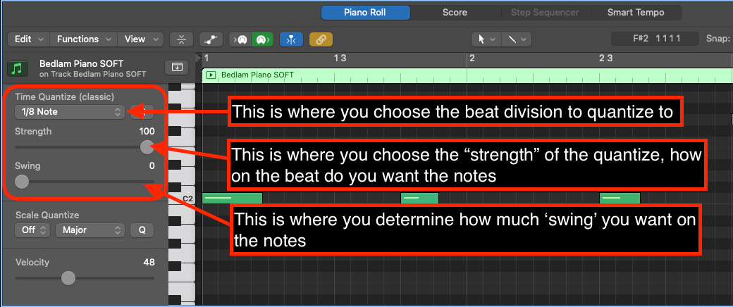 Logic Pro piano roll Time Quantize settings with the beat division, strength and swing controls labelled