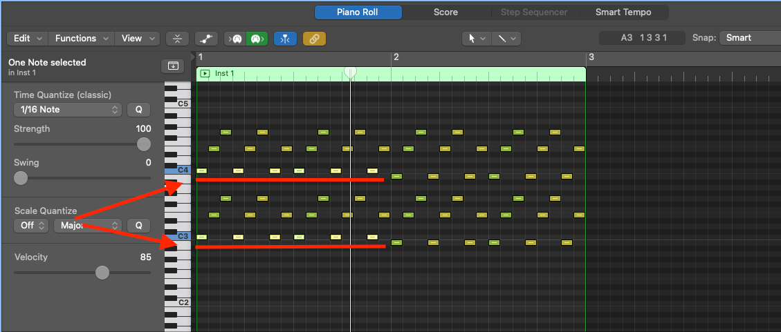 Logic Pro piano roll with every C note across octaves selected using Shift+S