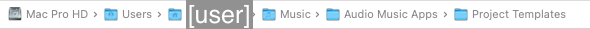 Finder path from Mac Pro HD through Users, user, Music and Audio Music Apps to Project Templates