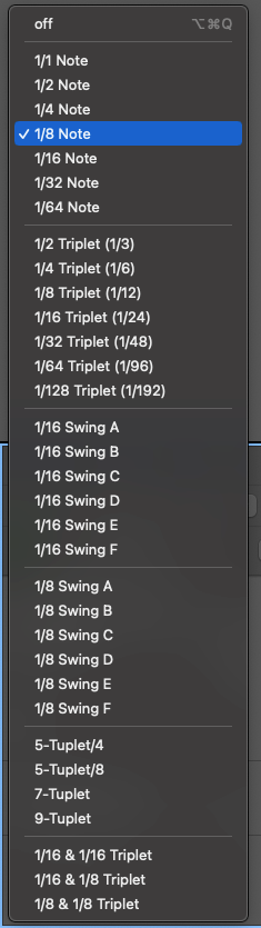 Logic Pro quantize dropdown listing note, triplet, swing and tuplet divisions with 1/8 Note ticked