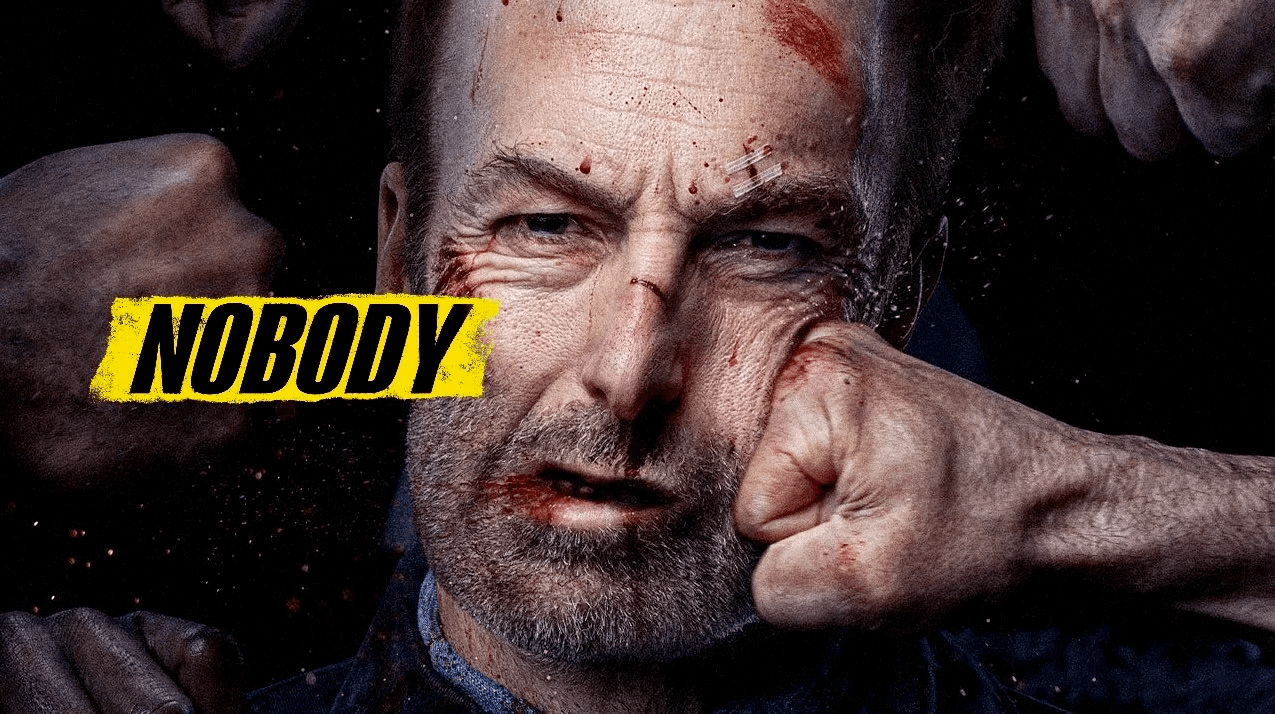 Nobody film artwork: Bob Odenkirk's bloodied face being punched, with the title in yellow