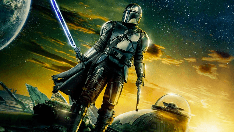 The Mandalorian season 3 artwork with the Mandalorian holding a dark-bladed sword and Grogu in a pod