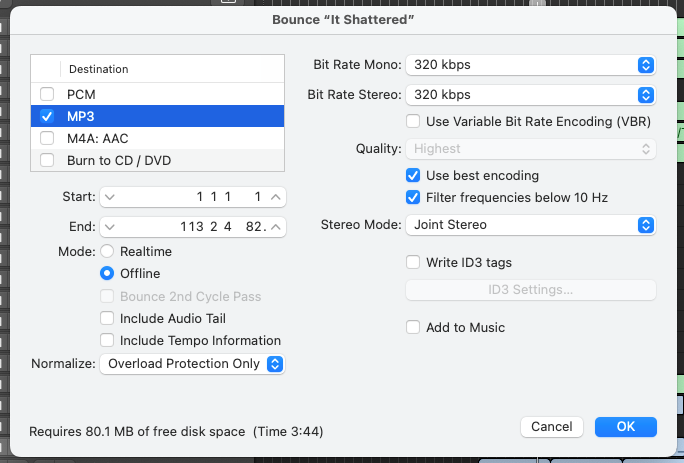 Logic Pro Bounce window with MP3 selected as the destination and 320 kbps bit rate settings