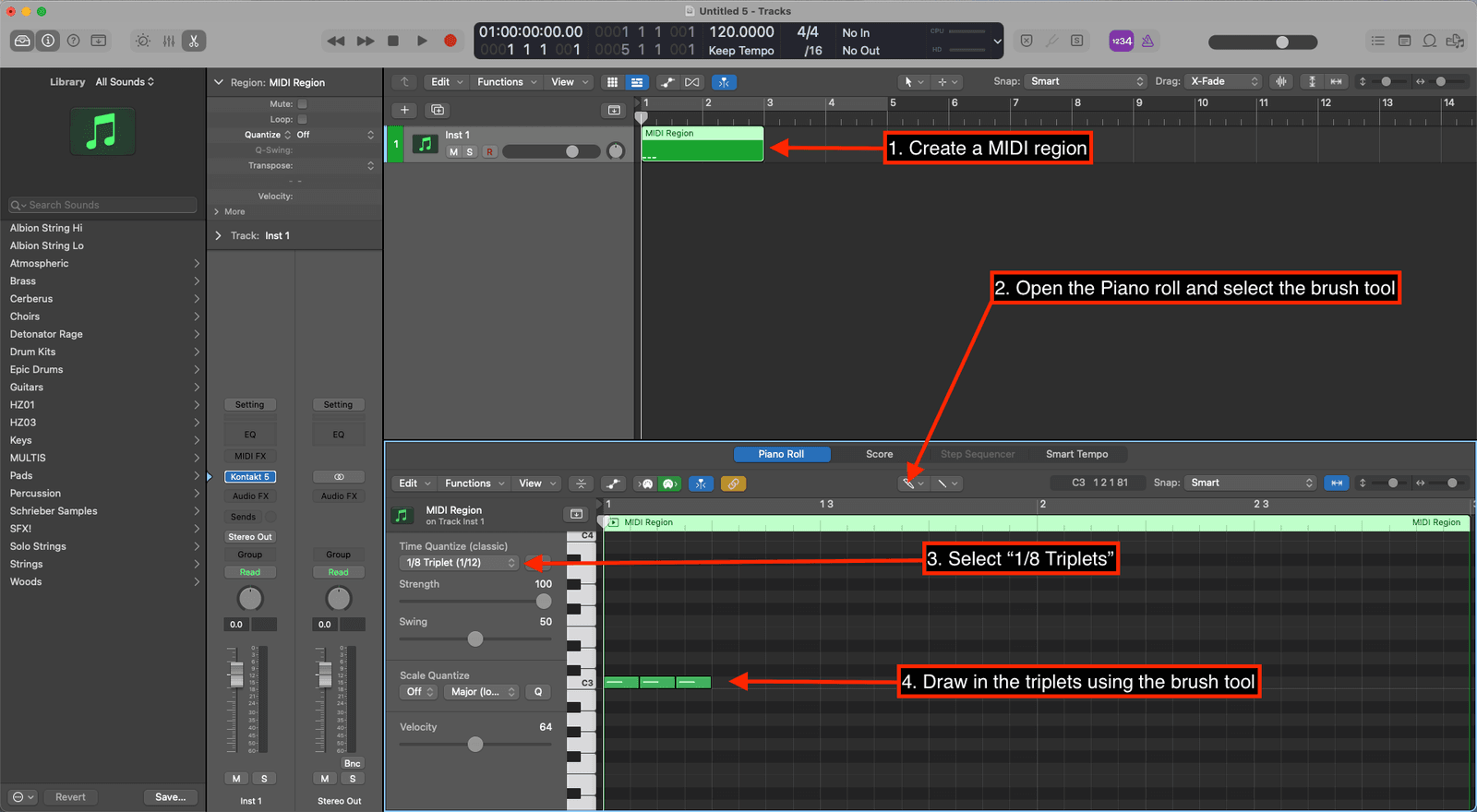 Logic Pro steps for drawing triplets in the piano roll with the brush tool and 1/8 Triplet quantize
