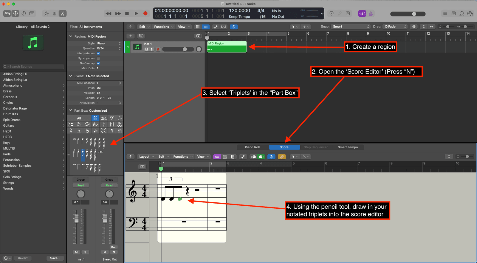 Logic Pro score editor steps for notating triplets from the Part Box, with a triplet on the stave