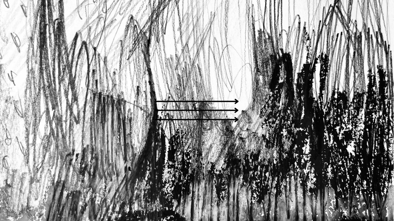 Three arrows pointing right across black and white pencil and ink artwork