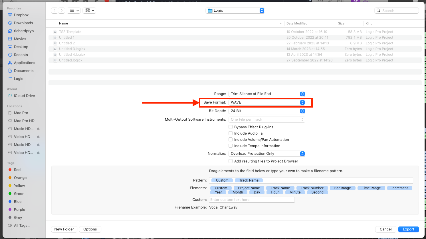 Logic Pro export window with the Save Format set to WAVE highlighted