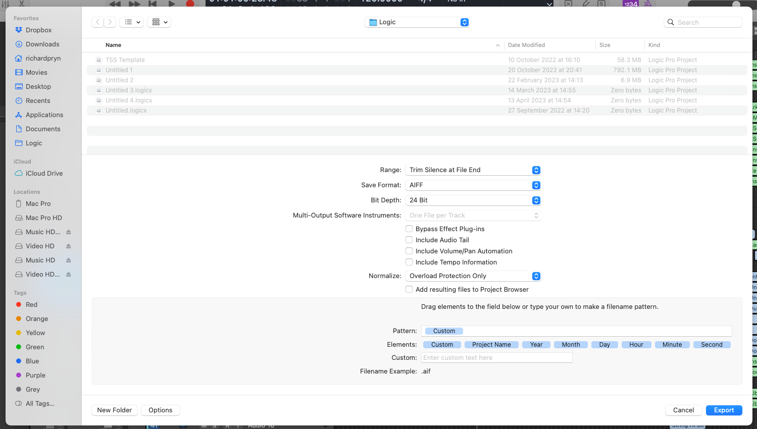 Logic Pro export window showing range, save format, bit depth, normalise and file naming options