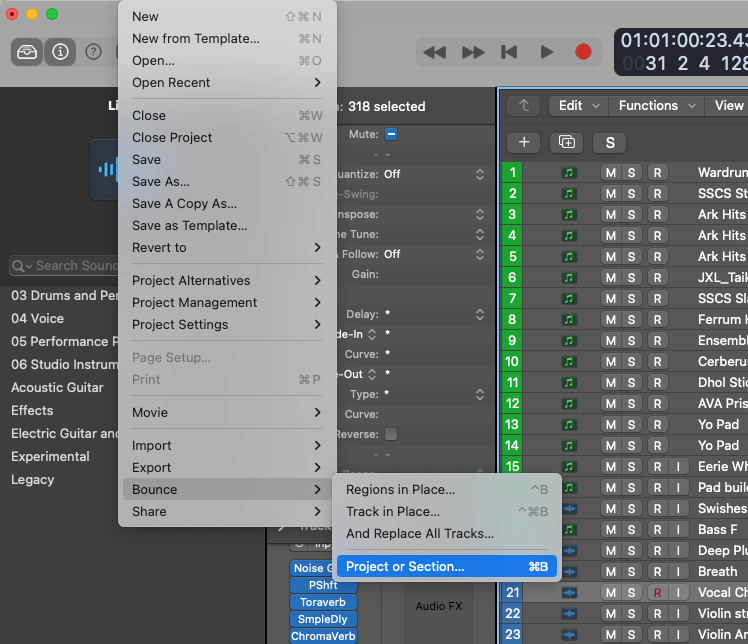 Logic Pro File menu open at Bounce with Project or Section highlighted