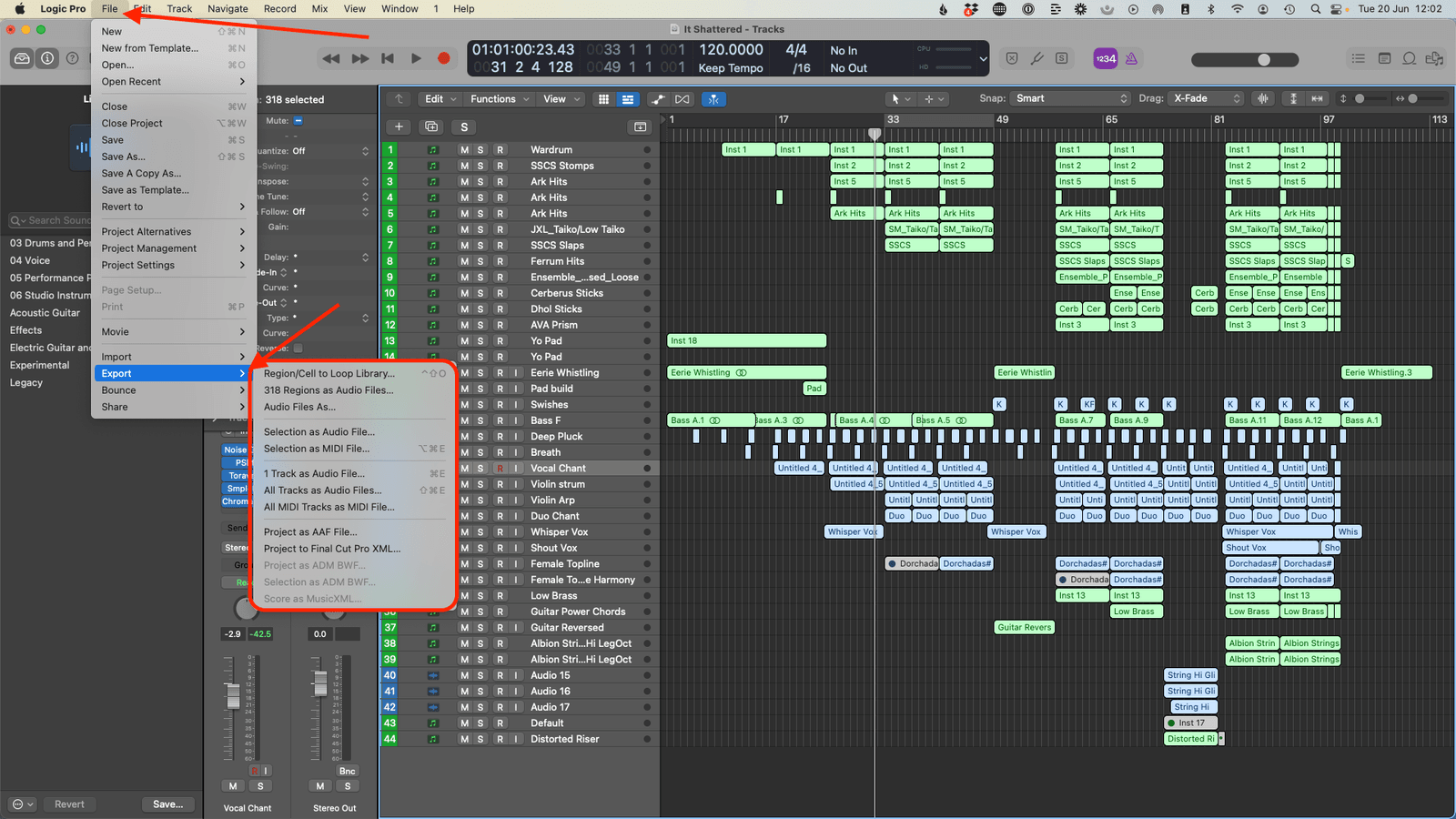 Logic Pro File menu with the Export submenu showing audio, MIDI, AAF and Final Cut Pro options