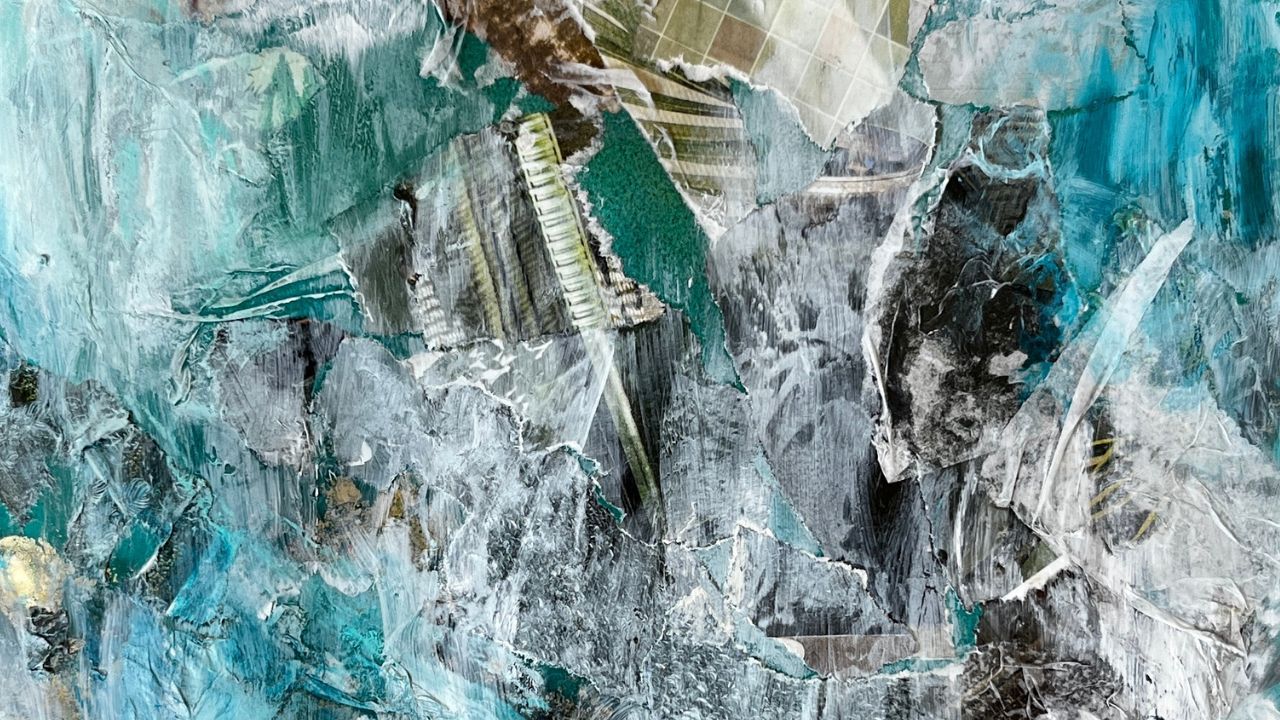 Teal, grey and white mixed-media collage of torn paper and textured paint