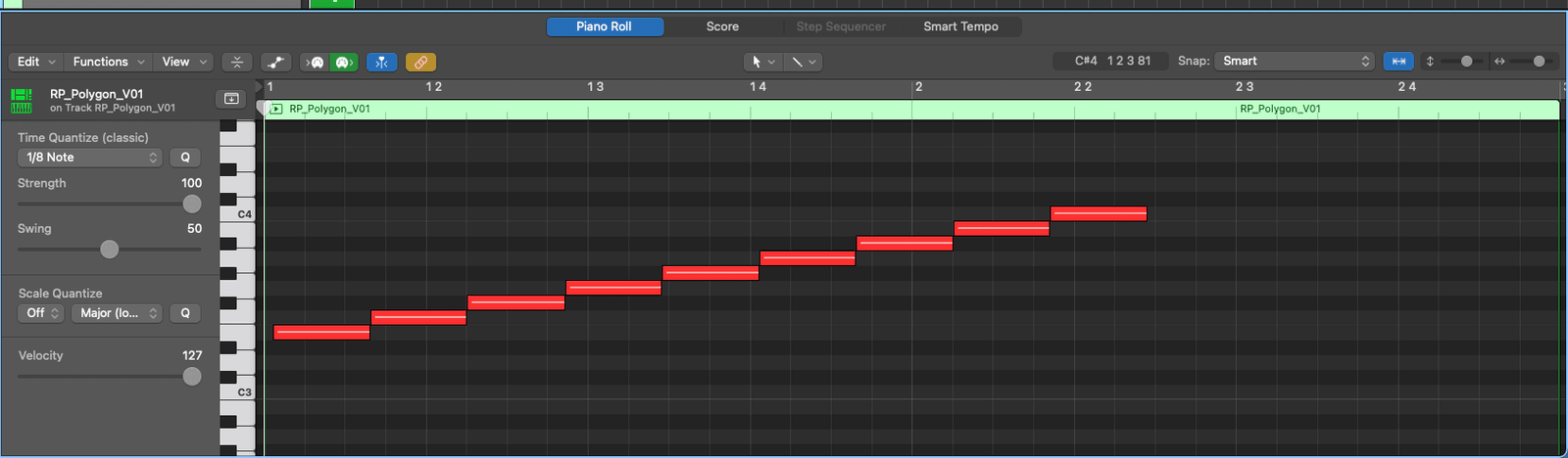 Logic Pro piano roll with the MIDI notes of the new sampler track rising in steps