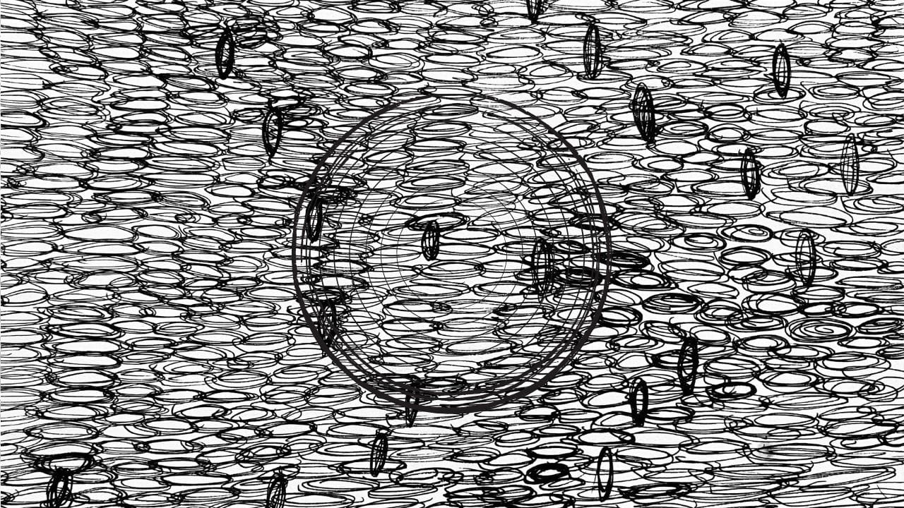 Black ink drawing of dense scribbled ovals with a large faint circle in the centre