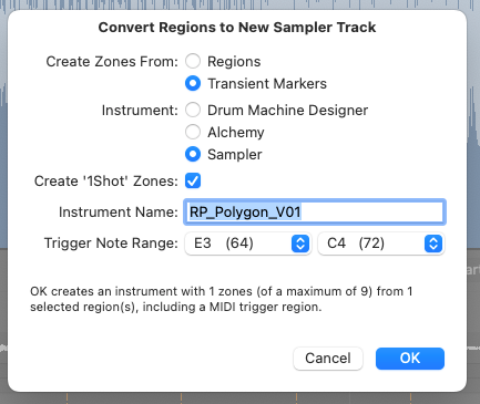 Logic Pro Convert Regions to New Sampler Track window with Transient Markers and Sampler selected