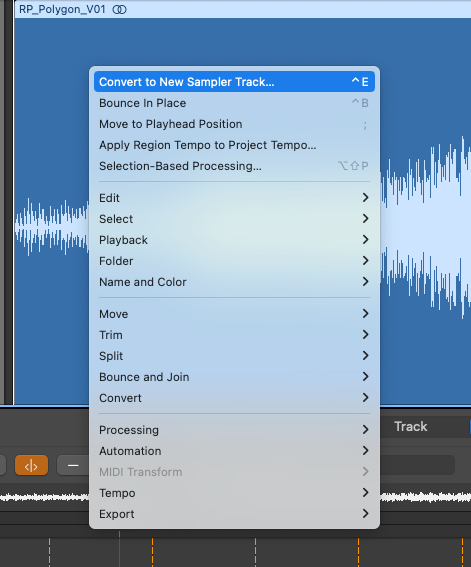 Logic Pro audio region right-click menu with Convert to New Sampler Track highlighted