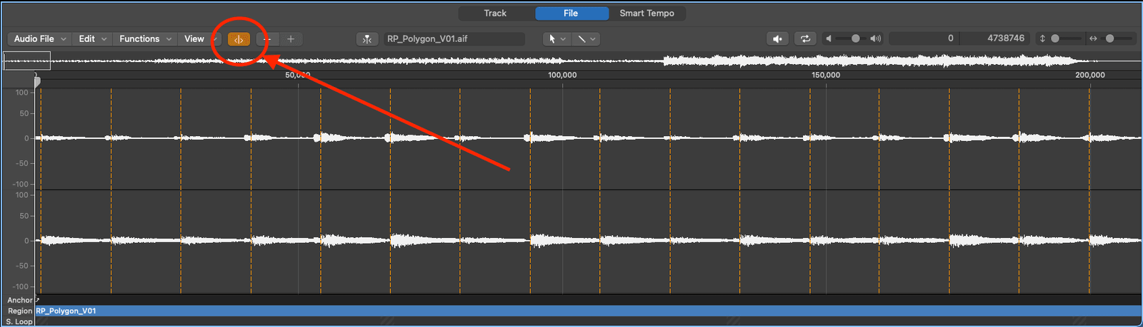 Logic Pro file editor with the Transient Editing Mode button circled and transient markers added