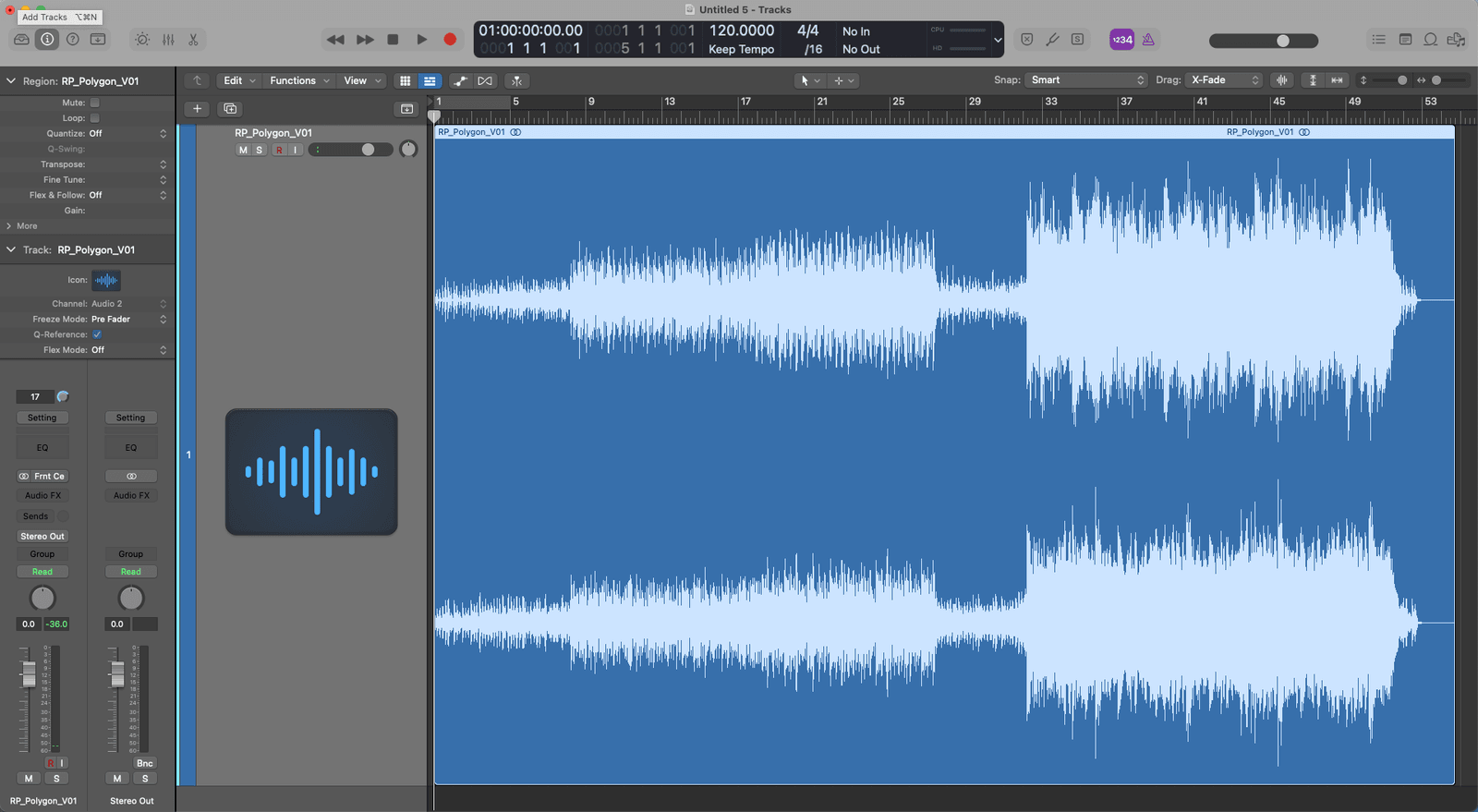 Audio file loaded onto a track in the Logic Pro arrange window