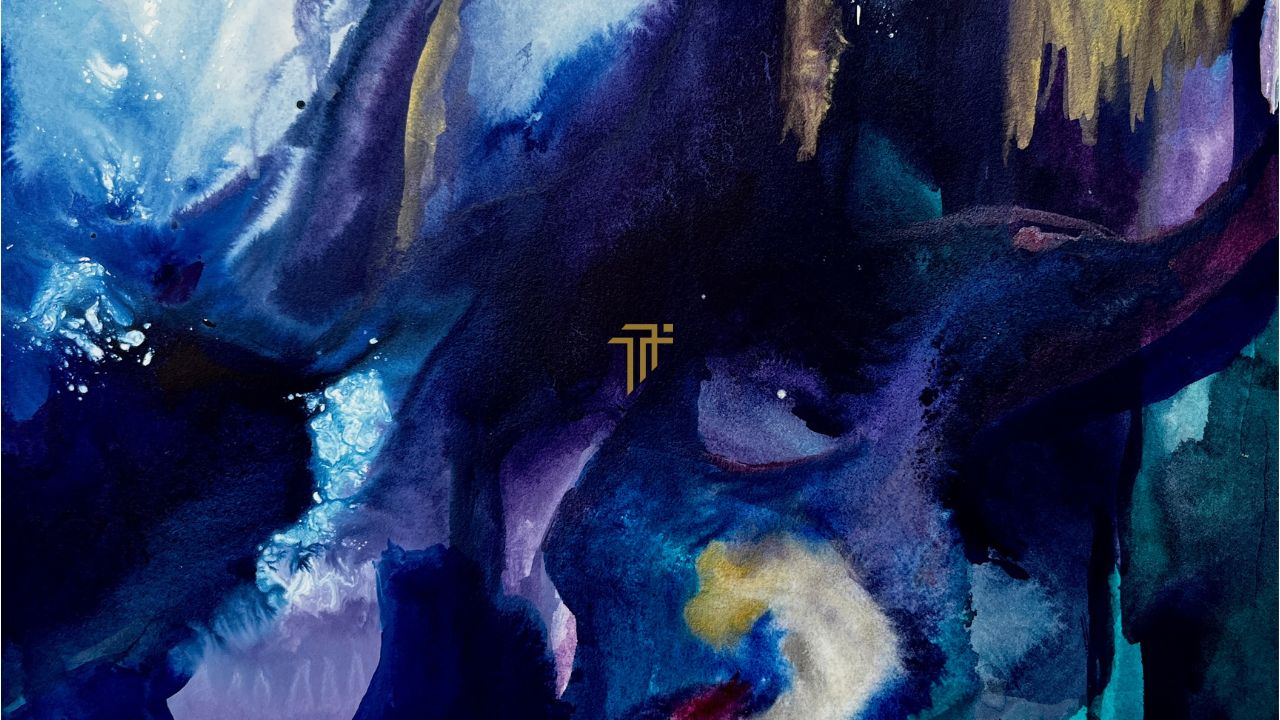 Abstract dark blue and purple watercolour artwork with the gold Trailer Music School logo in the centre