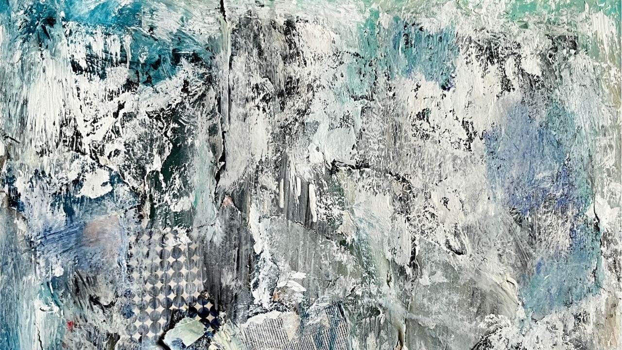 Abstract painting in textured layers of blue, teal and white by Deborah Pryn