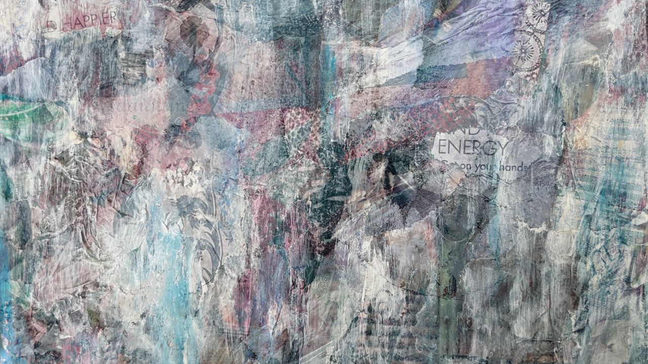 Abstract mixed-media collage in muted pink, blue and grey with torn magazine text, by Deborah Pryn