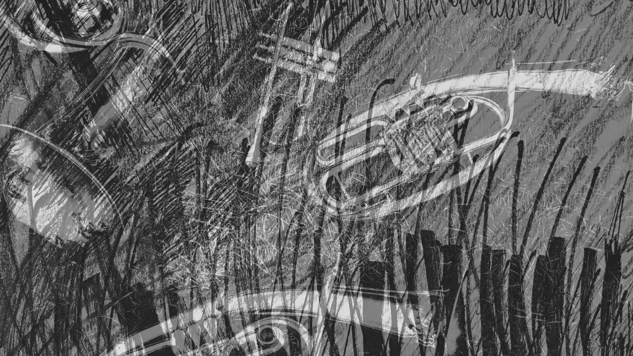 Black and white sketch-style artwork of a trumpet, horn and other brass instruments
