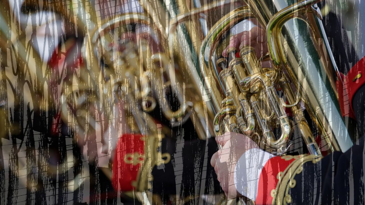Close-up of a player's hands on the valves of a brass instrument, overlaid with sketched lines