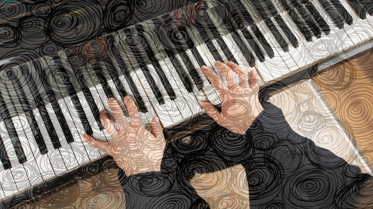 Hands playing a piano keyboard, overlaid with swirling ink drawings